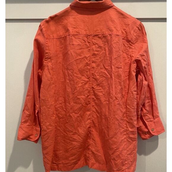 Talbots Top Large L Orange Melon Linen Button Up Roll Tab Lagenlook Boho Coastal - Picture 9 of 14
